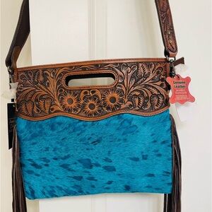 American Darling Blue dyed hide with blue acid wash clutch crossbody handbag
